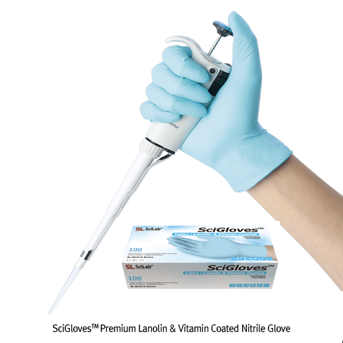 SciGlovesTM Premium Lanolin & Vitamin Coated Nitrile Glove, Lano-ETM, Textured, L240mmWith Moisturising Inner Coating, Premium Grade, 라놀린 & 비타민 코팅 니트릴 실험장갑, 피부보호용