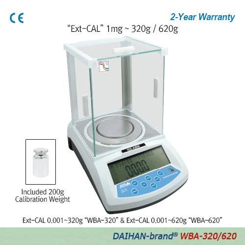 DAIHAN® [d] 1mg, max.320g/620g Calibration Certificated Hi-Precision Lab Balance, Φ90 · 110 · 128mm Weighing PlateExt-CAL “WBA-320/620”, Int-CAL “WBA-620A”, with Glass Draft Shield, Super Size Backlit LCD, Counting Function, Various Weight Mode“Ext-CAL 외부