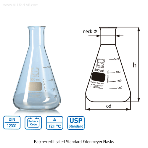 DURAN® Premium High-grade Batch-certificated Standard Erlenmeyer Flask, Narrow-neck & Wide-neck, 25?10,000㎖With Graduation, Boro-glass 3.3, DIN · ISO · UPS, [ Germany-made ] , 표준형 삼각 플라스크