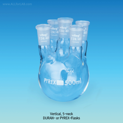 DURAN glass 4 & 5× Joint Neck Round Bottom Flask, 250 ~ 5,000㎖With Joint, 20° Angle or Vertical Side Necks, Boro-glass 3.3, 4 & 5 구 플라스크