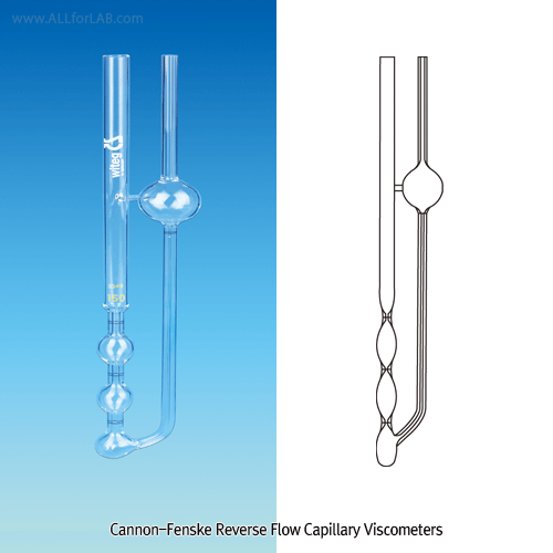 Witeg® Cannon-Fenske Reverse Flow Capillary Viscometer, for Opaque Liquids, ASTM / ISOWith Individual Certificate of Calibration, Constant K-value, with 3 Ring Marks, 2 Constants, 역류형 캐논-펜스케 점도계, 불투명 액상용