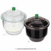 Wisd Functional Glass Desiccator Set for General-purpose and Vacuum-use, with Compatible Lid & Plate, id.Φ150~Φ300mm With or Without Interchangeable PTFE Needle-valve Stopcock, Clear & Amber, 기능성 유리 데시케이터 세트, 일반용 & 진공용 호환, 투명 & 갈색