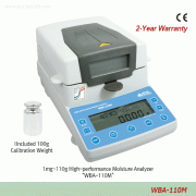 DAIHAN® [d] 1mg, max.110g High-performance Moisture Analyzer “WBA-110M” , 0.00~ 100.00 %, 40~199℃With 100g Cali. Weight, Back Light LCD, Counting Func., 3×displays of % (g) · ℃ · Time, & Ext-CAL Program, 초정밀/다용도 수분측정기