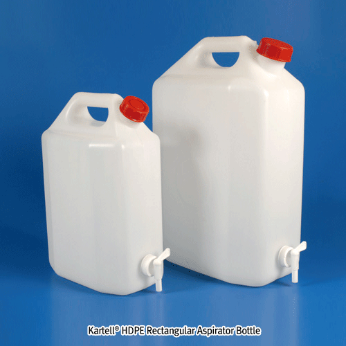 Kartell® 10 & 20 Lit HDPE Rectangular Aspiration Bottle, Space-saving, Slim Tall-type<br>With Stopcock, Multi-use, -50℃+105/120℃, <Italy-Made> HDPE 4각형 아스피레이터 바틀