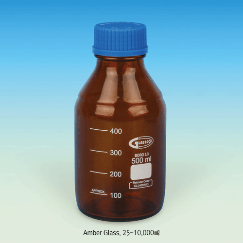 GL25~45 Amber Glass Laboratory Bottle, Boro-glass 3.3, White Graduation & Marking Area, 25~10,000㎖<br>With PP Screwcap & Dripless Pouring Ring, Autoclavable, 갈색 랩메디아 바틀, 자외선 차단