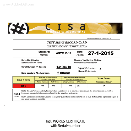 CISA® Φ60×h18mm Premium Certified All Stainless-steel Standard Test Sieve, with WORKS CERTIFICATE & Wire Mesh-holes(■)<br>With Serial-number, Multi-Use/-Function, ASTM/ISO Standard, 정밀 표준망체, 개별“ 보증서” 포함