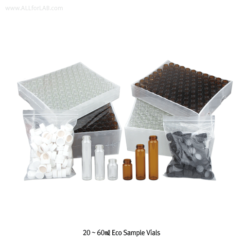 SciLab® 20~60㎖ Sample Vials, with PP Screwcap & Septa “Pack-Set”<br>With “USP-I” Boro 5.0 Glass, Clear & Amber<br>20~60㎖ 샘플 바이알 Pack-Set, Septa 내장된 캡이 분리포장으로 된 팩세트