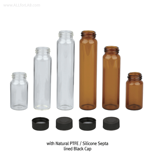 SciLab® 20~60㎖ Sample Vials, with PP Screwcap & Septa “Pack-Set”<br>With “USP-I” Boro 5.0 Glass, Clear & Amber<br>20~60㎖ 샘플 바이알 Pack-Set, Septa 내장된 캡이 분리포장으로 된 팩세트