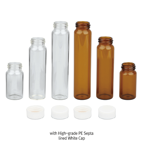 SciLab® 20~60㎖ Sample Vials, with PP Screwcap & Septa “Pack-Set”<br>With “USP-I” Boro 5.0 Glass, Clear & Amber<br>20~60㎖ 샘플 바이알 Pack-Set, Septa 내장된 캡이 분리포장으로 된 팩세트