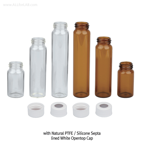 SciLab® 20~60㎖ Sample Vials, with PP Screwcap & Septa “Pack-Set”<br>With “USP-I” Boro 5.0 Glass, Clear & Amber<br>20~60㎖ 샘플 바이알 Pack-Set, Septa 내장된 캡이 분리포장으로 된 팩세트