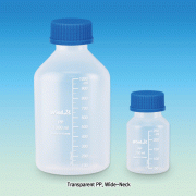 WisdTM PP Wide-neck MeasureTM Lab Bottle, with DIN/GL-32 & 45 Basic Cap, Precisely Graduated, 100~5,000㎖<br>Transparent & Opaque Amber, Good Chemical / Heat Resistance, 125/140℃ Stable, PP 광구 랩 바틀, 정밀눈금