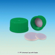 WisdTM PTFE/Butyl-Septa Sealed PP Uni-Cap and Opentop & Membrane-Cap, for All DIN GL-Screw Necks of Bottle·Flask·Tube <br>Good Chemical & Heat Resistance, 125/140℃ Stable, Autoclavable, DIN, GL14~GL45, 만능 GL 스크류캡 & 멤브레인캡