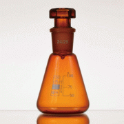 Amber Glass Erlenmeyer Flask, 24/29 Joint Neck & Graduation, 50~500㎖<br>With Interchangeable Stopper, Boro-glass 3.3, Autoclavable, 갈색 조인트 스토퍼 삼각플라스크, 자외선 차단