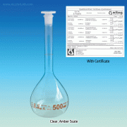 “witeg” Premium A-class Batch Certificated Volumetric Flask, Clear & Amber-glass, 5~5,000㎖<br>Amber & Blue Graduation in Clear Glass, DIN/ISO, DE-M, <Germany-Made> A급 보증서부 용량 플라스크