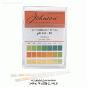 Johnson® Professional 3 & 4 Color-Pad Polypropylene pH Comparator, “Non-Bleed” System<br>Accurate-type of (1) pH 4.0~10.0 & (2) pH 7.5~14.0, and (3) pH 0~14 Full range, 0.5- or 1-pH divi.<br>3 & 4색 대열 패드식 pH시험용 PP-스트립, 용액에 번짐 / 훼손이 없는 고품질, 1 Strip 에 pH 반응