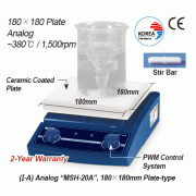 DAIHAN® 380℃ Standard Analog & Digital Hotplate Stirrer “MSH-A” & “MSH-D”, Ceramic-coated Plate, 80~1,500 rpm<br>180×180mm or 260×260mm Plate, with Accurate Temp. Control, Superior Temp Uniformity, with Certi. & Traceability<br>Permanently Brushless Motor