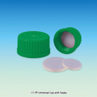 WisdTM PTFE/Butyl-Septa Sealed Green PP Universal Cap, for All DIN/GL-Screw Necks of Bottle·Flask·Tube·Vessel<br>Good Chemical & Heat Resistance, 125/140℃ Stable, Autoclavable, DIN, GL14~GL45, 만능 GL 스크류캡